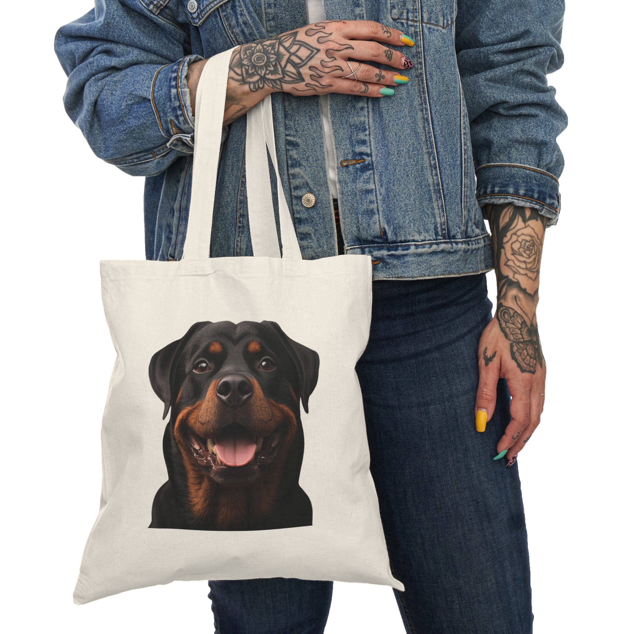 Sac fourre-tout avec portrait de Rottweiler souriant | Toile naturelle imprimée chien